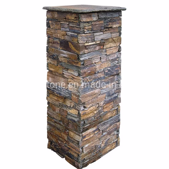 Natural Green/Yellow Slate Column / Concrete Culture Stone Pillar